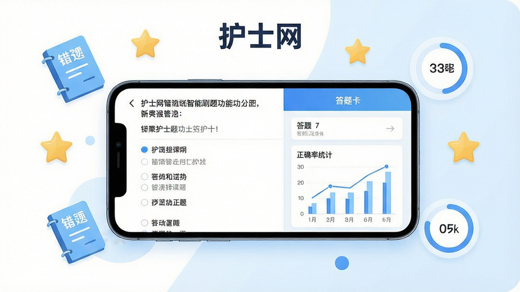 护士网智能刷题功能展示图,画面中央一部手机横屏展示答题界面,屏幕左侧为题目与选项,右侧为答题卡与正确率统计图表,背景为简洁的白色与淡蓝色搭配,周围漂浮错题本图标、收藏星标、进度环等小元素,采用现代扁平插画风格,细节精致,画质干净,画面中标注文字“护士网”