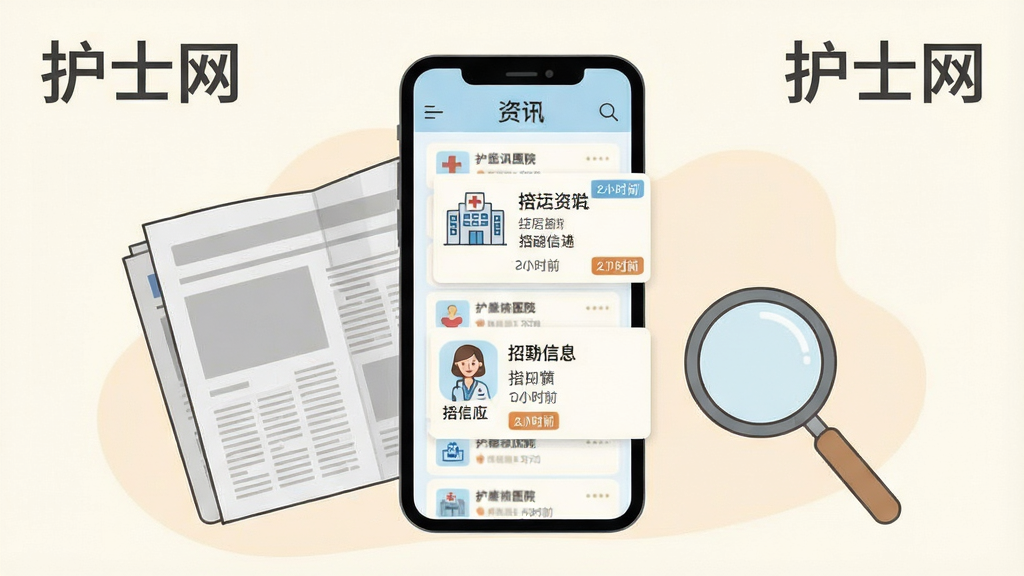 护士网资讯与招聘功能展示图,画面中央一部手机竖屏显示资讯列表与招聘信息卡片,卡片上带有医院图标与发布时间标签,手机旁边放置一份展开的报纸与放大镜元素,背景为柔和的米白色调,采用清新简约的插画风格,细节清晰,画质干净,画面中标注文字“护士网”