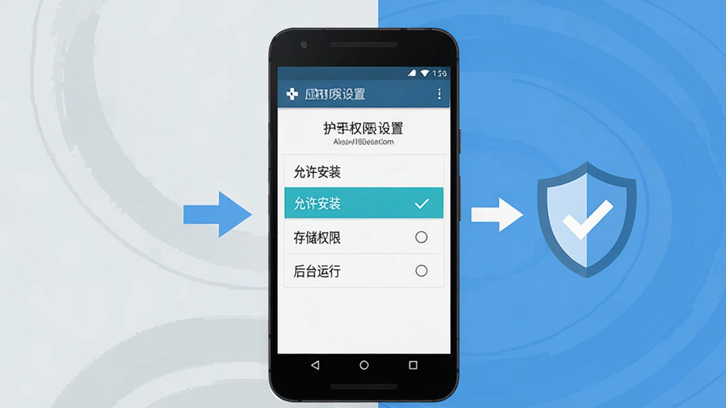 护士网新手安装设置操作示意图,画面中央一部安卓手机显示应用权限设置界面,界面中高亮标注“允许安装”“存储权限”“后台运行”等选项,手机旁边有箭头指示与盾牌安全图标,背景为浅灰色与蓝色搭配,采用简洁的扁平化信息图风格,细节清晰,画质干净,无多余元素