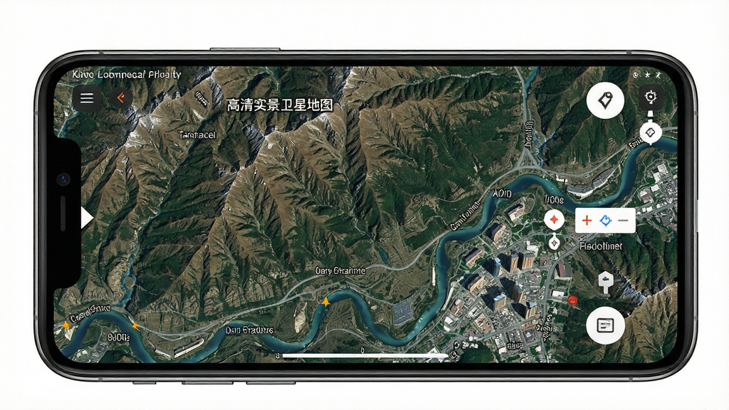 手机屏幕上显示“高清实景卫星地图”应用的卫星影像画面,画面中有山脉、河流与城市建筑,布局为居中展示,排版为上下结构,风格写实,细节包含清晰的卫星纹理与地图标注,画质高清,干净,无多余元素