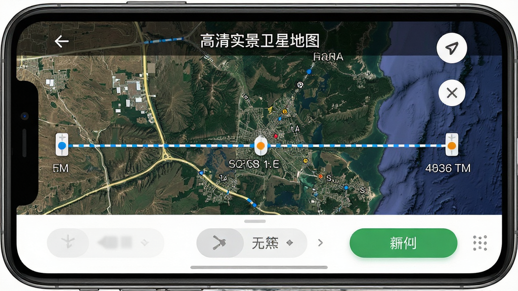 手机界面展示“高清实景卫星地图”的测距工具,画面中有卫星地图背景与测量线条,布局为上下分区,排版清晰,风格写实,细节包含距离标注与操作按钮,画质高清,干净,无多余元素