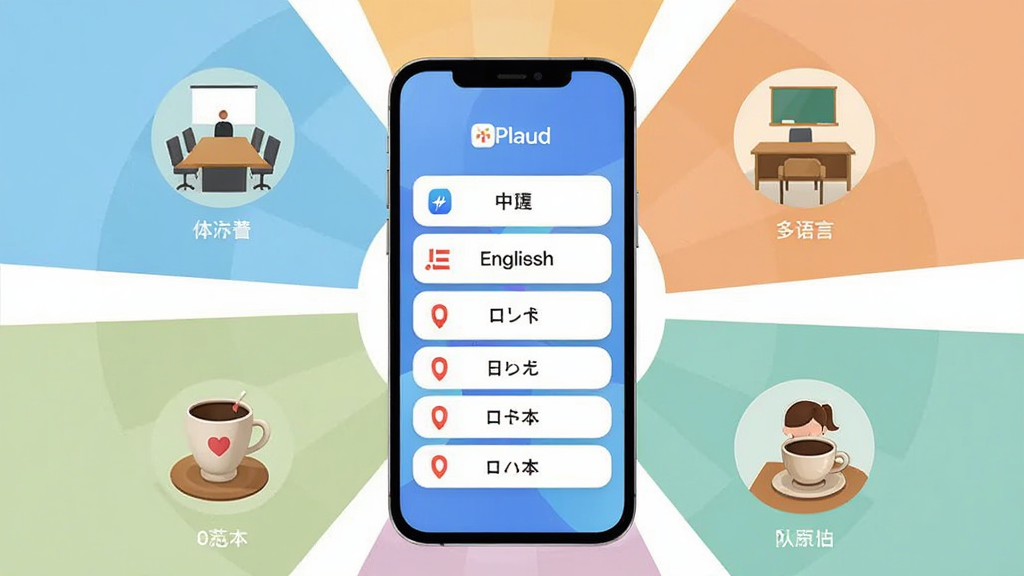 画面中央为Plaud应用的多语言选择界面,屏幕中显示中文、英文、日文等多种语言选项,周围环绕不同场景图标,如会议室、教室、咖啡厅,布局为环形放射状,风格为清新扁平化设计,细节包含柔和配色、清晰图标与简洁文字标签,画质高清,干净,无多余元素