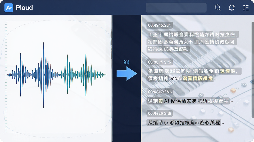 画面主体为Plaud应用中的AI语音转写界面,左侧显示声波波形,右侧同步生成文字段落,中间用箭头连接表示转换过程,布局为左右分栏,风格为扁平化科技插画,细节包含清晰的文字块、时间戳标记与高亮关键词,画质高清,干净,无多余元素