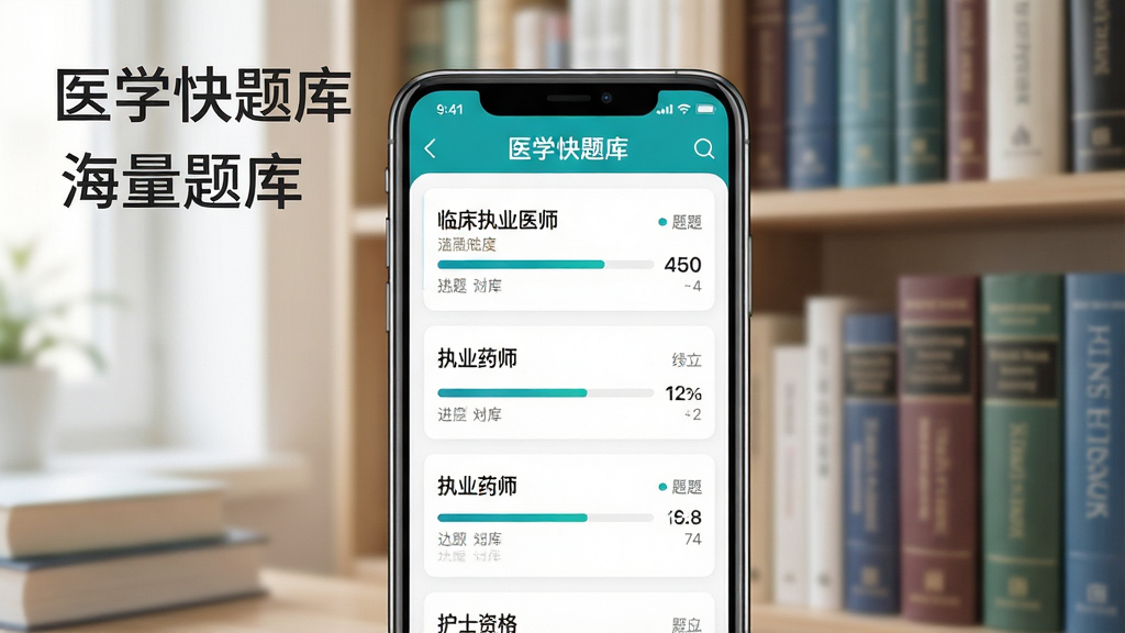 医学快题库题库分类界面截图风格图,画面展示手机屏幕内医学快题库APP的题库列表页面,清晰列出临床执业医师、执业药师、护士资格等分类标签,每个分类旁边有进度条和题目数量,背景为柔和的书房环境,书架上摆满医学典籍,风格为明亮清新的UI展示图,细节精致,文字显示“医学快题库”和“海量题库”字样,画质高清,画面干净整洁