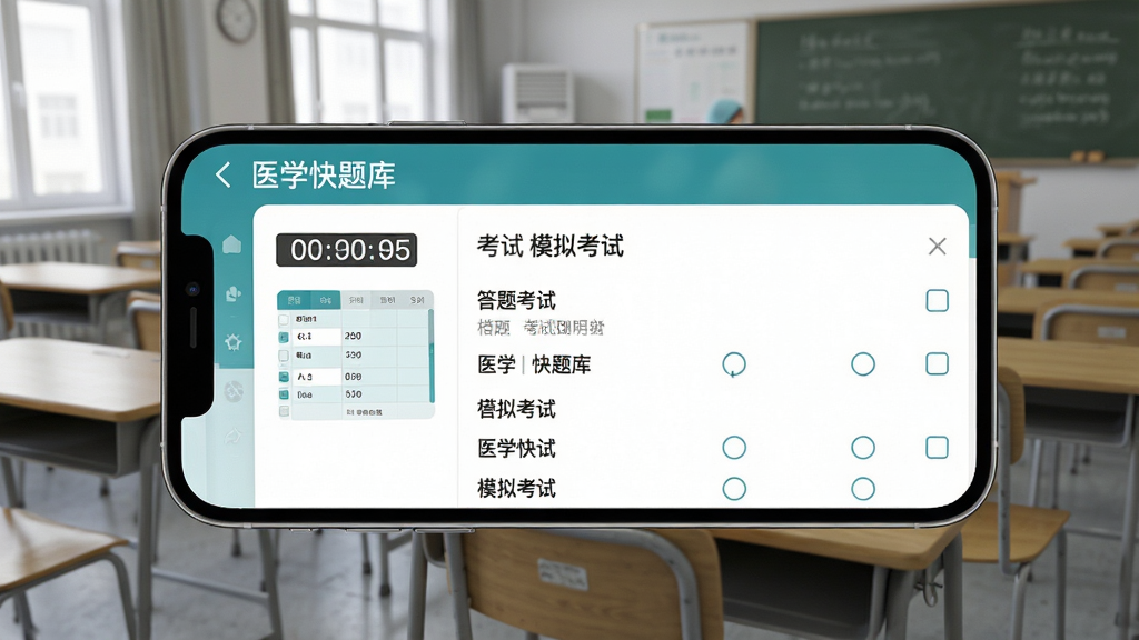 医学快题库模拟考试界面图,画面展示手机横屏状态下的医学快题库APP模拟考试页面,屏幕上有考试倒计时、答题卡、题目和选项,背景为安静的考场环境,课桌椅整齐排列,风格为写实渲染,细节丰富,文字清晰显示“医学快题库”和“模拟考试”,画质高清,画面干净