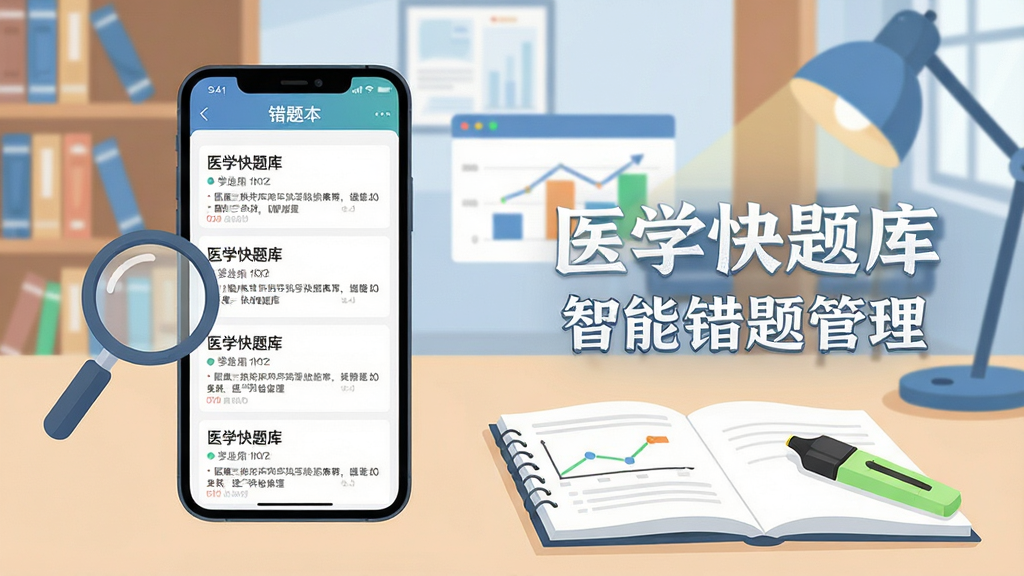 医学快题库错题本功能展示图,画面中一部手机展示医学快题库APP的错题本页面,屏幕上列出多道错题及其解析,旁边有一个放大镜图标和数据分析图表,背景为简洁的图书馆自习桌,桌上有笔记本和荧光笔,风格为现代扁平化插画,细节清晰,文字标注“医学快题库”和“智能错题管理”,画质高清,无杂乱元素