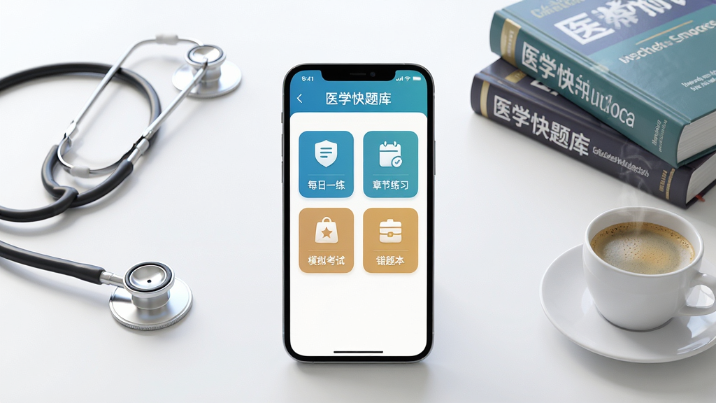 医学快题库软件主界面展示图,画面中央放置一部智能手机,屏幕内显示医学快题库APP的首页,包含每日一练、章节练习、模拟考试、错题本等图标按钮,背景为干净整洁的书桌场景,桌面上放有听诊器、医学书籍和一杯咖啡,整体布局居中对称,风格为清新写实的3D渲染,细节丰富,文字清晰显示“医学快题库”字样,画质高清,画面干净,无多余元素