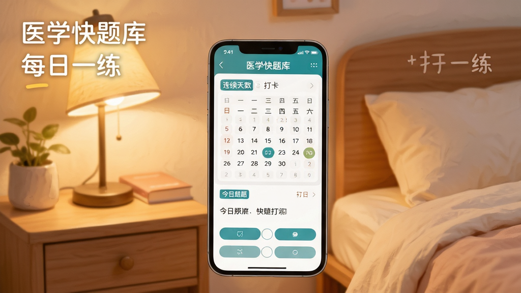 医学快题库每日一练打卡界面图,画面中央一部手机展示医学快题库APP的每日一练页面,屏幕上有打卡日历、连续天数、今日题目和选项按钮,背景为温馨的卧室床头柜场景,台灯亮着暖光,风格为柔和治愈系插画,文字显示“医学快题库”和“每日一练”,画质高清,画面干净温馨