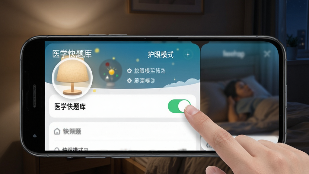 医学快题库移动端使用技巧示意图,画面展示一部安卓手机屏幕内医学快题库APP的设置页面,手指正在点击护眼模式开关,背景为夜晚卧室环境,床头灯发出柔和光线,风格为写实UI交互图,细节清晰,文字显示“医学快题库”和“护眼模式”,画质高清,画面干净无杂物