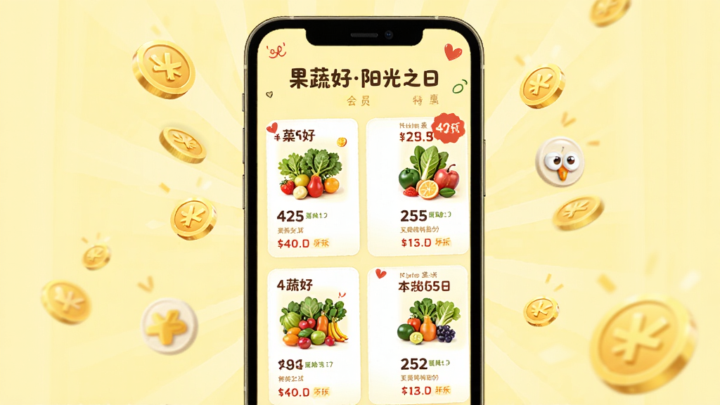 果蔬好阳光之日会员特惠页面,手机屏幕内展示多张商品优惠卡片,卡片上标注价格与折扣标签,背景为淡黄色,周围散落金币与积分图标,风格活泼亲民,画面中文字“果蔬好阳光之日”,画质清晰无杂乱