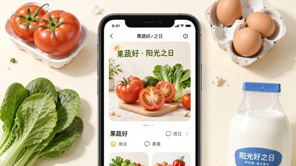 果蔬好阳光之日应用界面与新鲜食材组合展示,手机居中,四周环绕西红柿、青菜、鸡蛋、牛奶等商品,背景为暖白色,风格写实清新,画面中标注“果蔬好阳光之日”,画质高清干净,无多余装饰