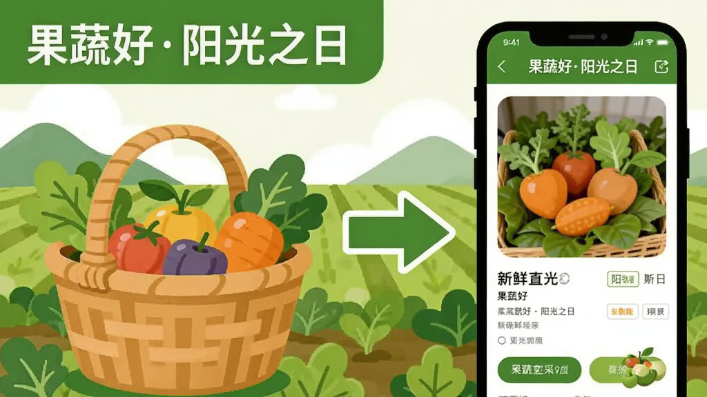 果蔬好阳光之日新鲜直采场景,画面左侧为农田采摘篮,右侧为手机屏幕显示商品详情页,中间用箭头连接,整体采用扁平插画风格,色调以绿色和橙色为主,画面中标注“果蔬好阳光之日”字样,画质干净清晰