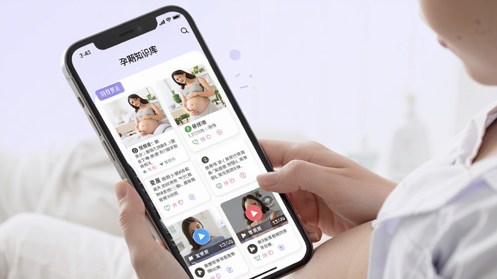 天使医生APP孕期知识库页面,手机屏幕上排列着孕期科普文章卡片和视频缩略图,卡片上有孕周标签和配图,背景是柔和的浅紫色,画面中有孕妇翻阅手机的场景,整体风格清新简洁,画质清晰,无多余元素