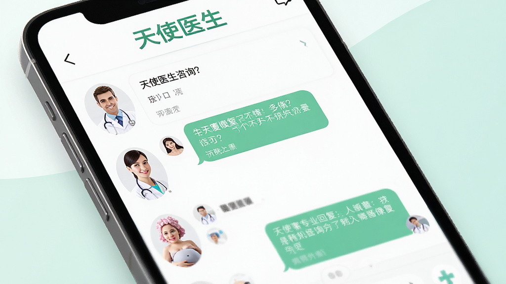 天使医生APP在线医生咨询界面,手机屏幕展示医生列表和聊天对话框,对话框中显示孕妇提问和医生专业回复,屏幕上方有