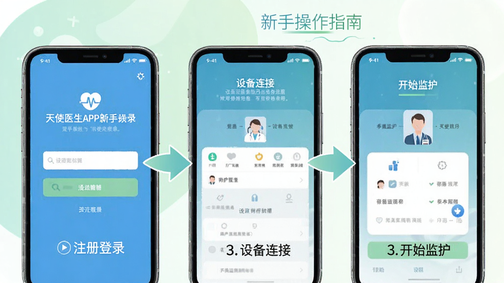 天使医生APP新手操作指南示意图,手机屏幕展示注册登录、设备连接、开始监护三个步骤的界面截图,每个步骤配有箭头指引和文字说明,背景为淡绿色和白色,整体风格简洁明了,画质清晰,无多余装饰元素