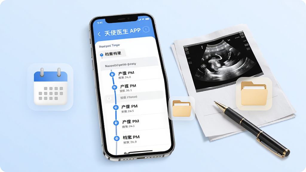 天使医生APP产检提醒与档案管理功能展示,手机屏幕显示产检时间轴和档案列表,旁边有日历图标和文件夹图标,背景为淡蓝色渐变,画面中有一张B超检查单和一支笔,整体布局清晰,风格简约商务,画质干净