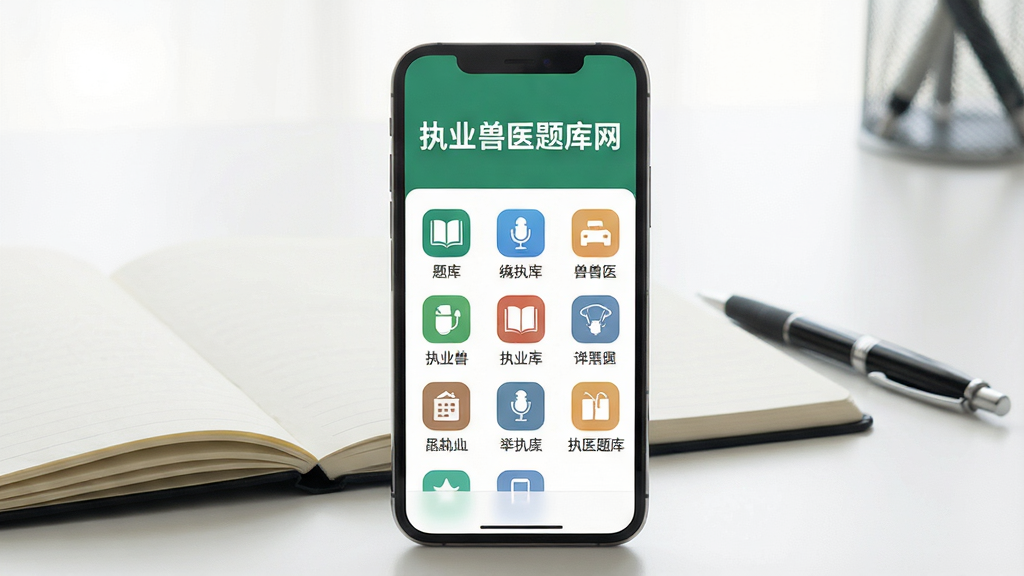 一张展示手机屏幕内显示执业兽医题库网APP首页的图片,画面中央是一部立着的智能手机,手机屏幕亮起,屏幕内清晰显示“执业兽医题库网”文字标题和下方排列整齐的题库分类图标,背景为干净的书桌桌面,桌面上放着一本翻开的笔记本和一支笔,整体风格为写实产品展示风,光线明亮柔和,画质清晰干净,无多余元素