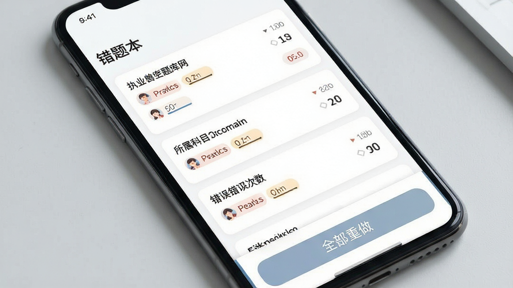 一张展示执业兽医题库网APP错题本功能界面的图片,画面为手机屏幕特写,屏幕内显示“错题本”标题和下方排列的错题列表,每道错题旁边标注了所属科目和错误次数,屏幕底部有“全部重做”按钮,背景为浅灰色桌面,整体风格为简洁科技风,画质清晰干净,无多余元素