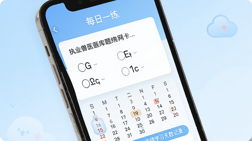 一张展示执业兽医题库网APP每日一练打卡界面的图片,画面为手机屏幕特写,屏幕内显示“每日一练”标题和一道选择题,下方有打卡日历和连续学习天数记录,背景为淡蓝色渐变,整体风格为清新简约风,画质清晰干净,无多余元素