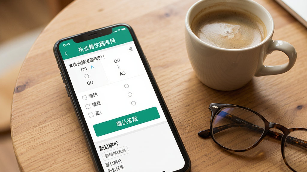 一张展示手机屏幕上执业兽医题库网APP做题界面的图片,屏幕内显示一道选择题和四个选项,下方有“确认答案”按钮和题目解析区域,手机旁边放着一杯咖啡和一副眼镜,背景为木质桌面,整体风格为温馨学习风,画质清晰干净,无多余元素