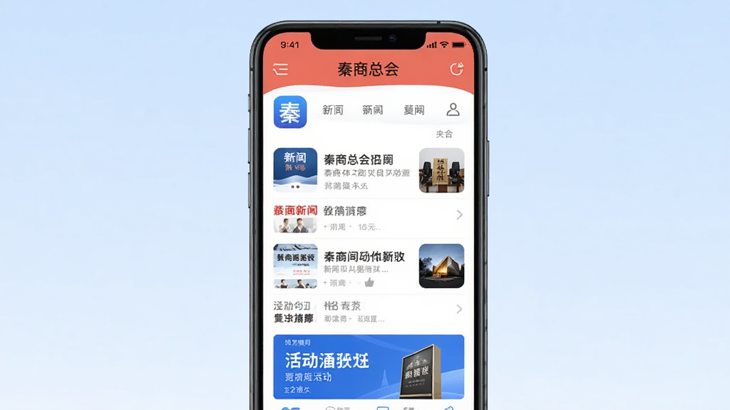 主体为一部智能手机,屏幕显示秦商总会App首页界面,布局为手机居中放置,背景为浅蓝色渐变,排版简洁商务,风格现代扁平化,细节包括App图标、新闻列表与活动横幅,画质高清,干净,无多余元素