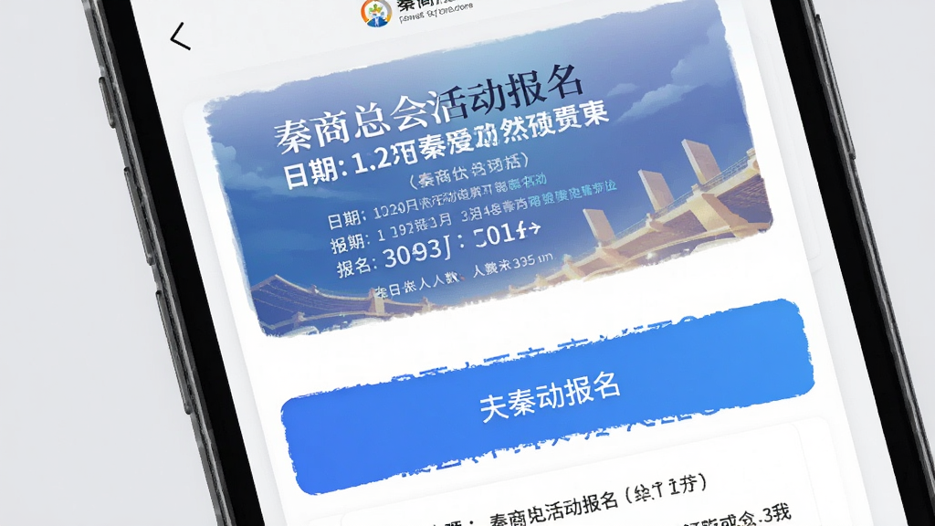 主体为手机屏幕显示秦商总会活动报名页面,布局为手机界面特写,背景为浅灰色,排版突出报名按钮与活动海报,风格简洁明快,细节包括活动名称、日期与报名人数,画质高清,干净,无多余元素
