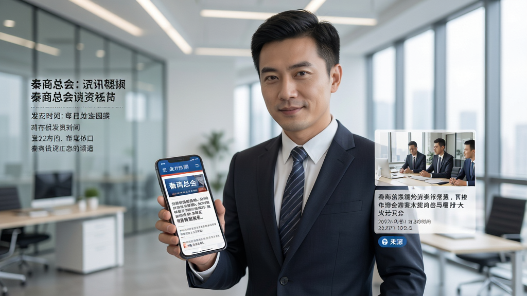 主体为一位商务人士手持手机阅读新闻,屏幕显示秦商总会资讯页面,布局为人物半身居中,背景为现代办公室环境,排版左侧文字右侧图片,风格商务写实,细节包括新闻标题、发布时间与来源标识,画质高清,干净,无多余元素