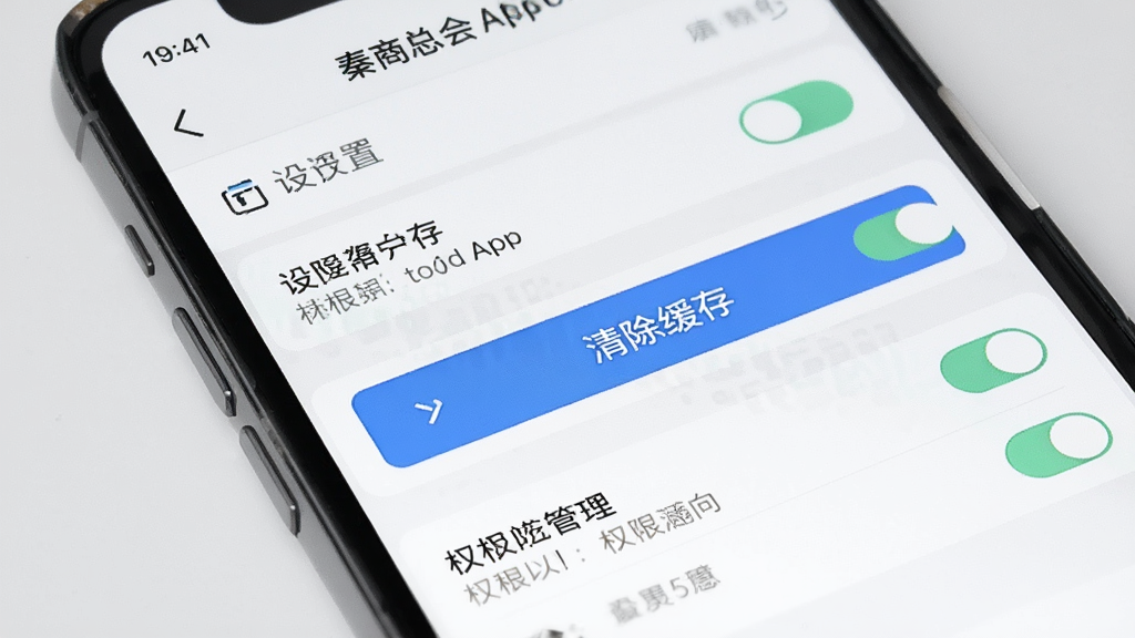 主体为手机屏幕展示秦商总会App设置页面,布局为手机界面特写,背景为浅灰色,排版突出清除缓存按钮与权限管理选项,风格实用工具类应用风格,细节包括设置菜单列表与开关按钮,画质高清,干净,无多余元素