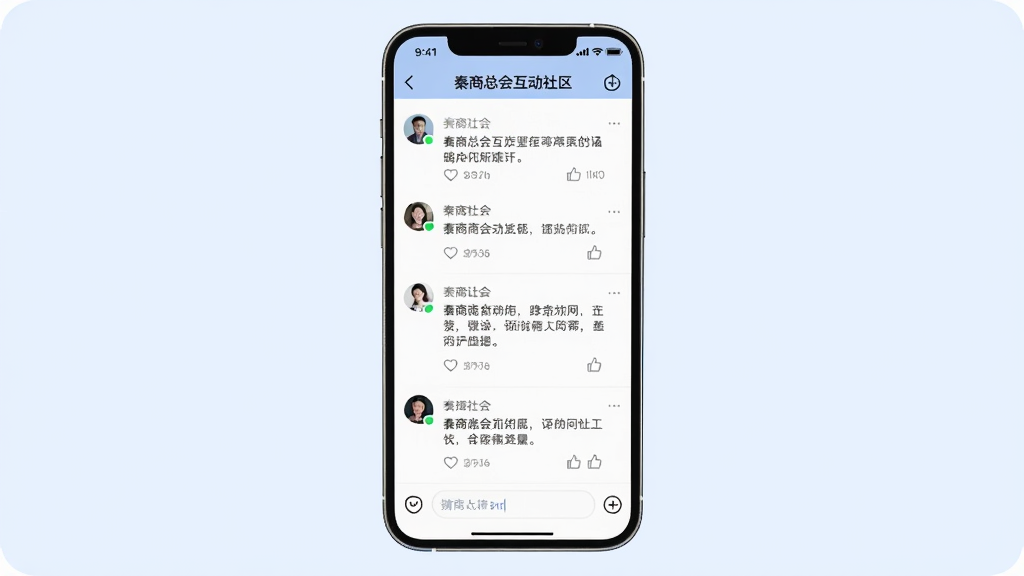 主体为手机屏幕显示秦商总会互动社区聊天界面,布局为手机居中,背景为淡蓝色,排版展示评论列表与输入框,风格社交应用风格,细节包括用户头像、评论内容与点赞图标,画质高清,干净,无多余元素