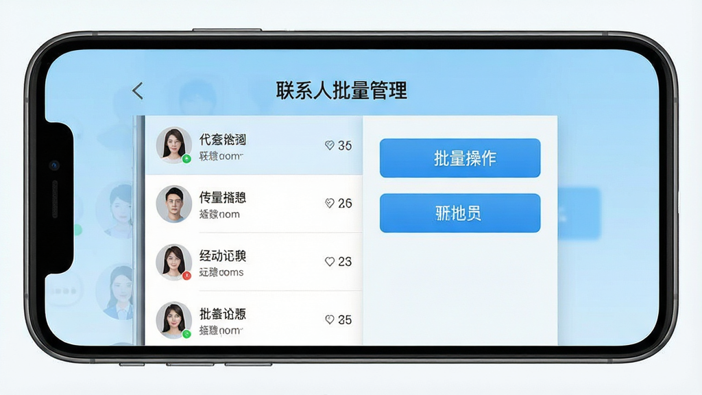 一张手机屏幕界面展示图,画面中央是“联系人批量管理”软件的主操作界面,左侧显示联系人列表,右侧显示批量操作按钮,背景为浅蓝色渐变,风格简洁现代,细节清晰,画质干净,无多余元素