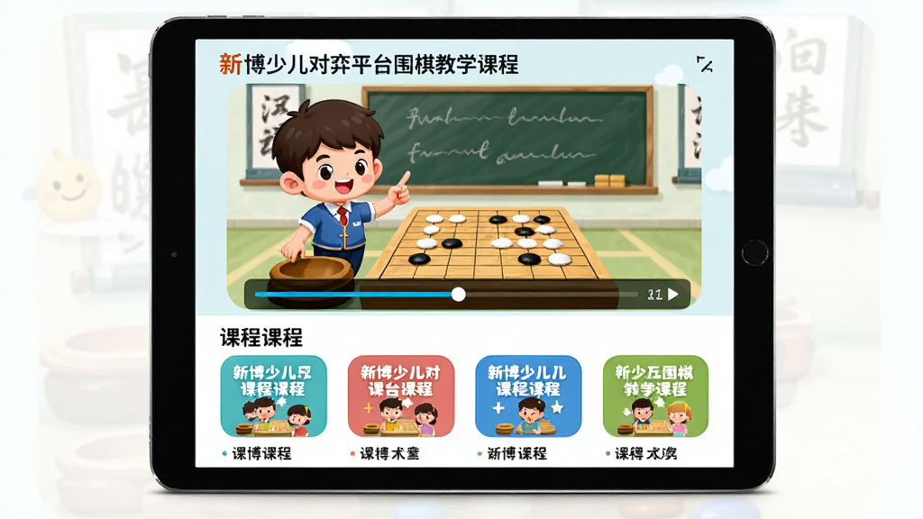 新博少儿对弈平台围棋教学课程界面展示,主体为平板电脑显示卡通围棋教学视频画面,布局为上方视频播放区下方课程列表,排版整齐,风格为清新教育风,细节包括卡通围棋老师形象、彩色课程封面、进度条,画质高清,画面干净,无多余元素
