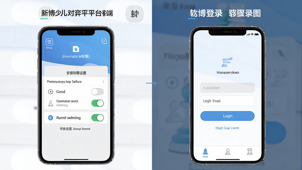 新博少儿对弈平台移动端安装使用步骤示意图,主体为手机屏幕展示安装权限设置界面和软件登录界面,布局为左右分栏对比展示,排版清晰,风格为简洁教程风,细节包括设置菜单图标、权限开关按钮、登录输入框,画质高清,画面干净,无多余元素