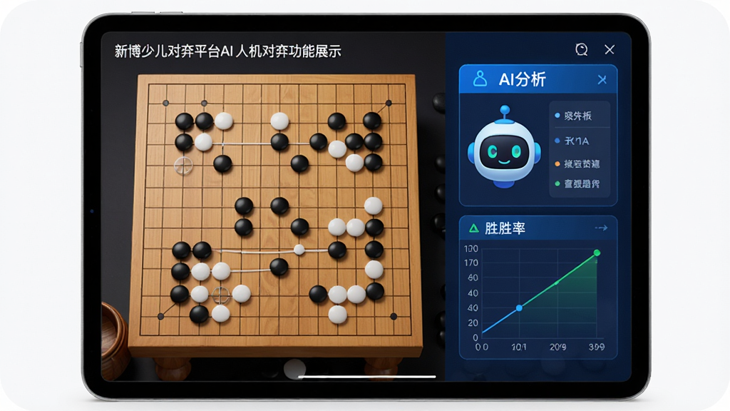 新博少儿对弈平台AI人机对弈功能展示,主体为平板电脑横屏显示围棋棋盘,棋盘右侧有AI分析面板和胜率曲线图,布局左右分栏,排版整洁,风格为科技简约风,细节包括黑白棋子、蓝色数据面板、卡通机器人头像,画质高清,画面干净,无多余元素
