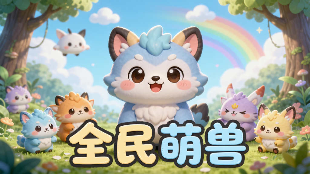 一只可爱的Q版萌兽站在奇幻森林中央,周围环绕着五颜六色的小萌兽伙伴,背景是蓝天白云和彩虹,画面中央用大号圆润字体写着“全民萌兽”,整体风格清新治愈,色彩明亮柔和,主体突出,布局居中对称,画质高清,干净无多余元素
