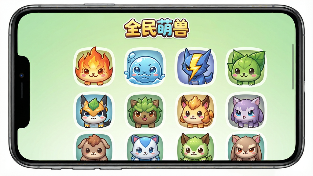一个手机屏幕显示“全民萌兽”游戏图鉴界面,画面中排列着十几只不同属性可爱萌兽的头像图标,有火焰兽、水波兽、雷电兽、草叶兽等,界面背景是淡绿色渐变,顶部有“全民萌兽”游戏LOGO,排版整齐清晰,风格清新卡通,画质高清,干净无多余元素