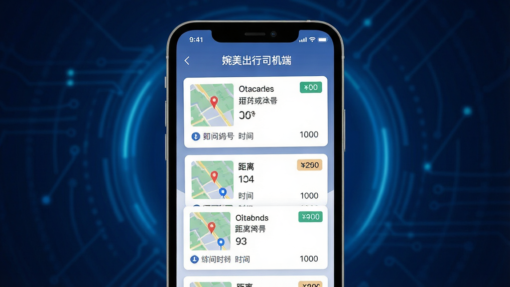 一幅展示“婉美出行司机端”智能订单推送功能的AI生图,主体是手机屏幕特写,屏幕中弹出多个订单卡片,卡片上有地图缩略图和价格标签,布局为手机居中放置,背景为深蓝色科技光晕,风格为扁平化设计,细节包括订单编号、距离数值、时间戳,画质清晰,干净,无多余元素