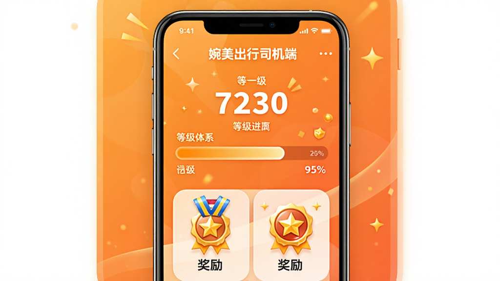 一幅展示“婉美出行司机端”司机成长体系的AI生图,主体是手机屏幕显示等级进度条和奖励徽章,布局为手机居中,背景为暖橙色渐变,风格为活力激励风,细节包括等级数字、奖牌图标、进度百分比,画质清晰,干净,无多余元素