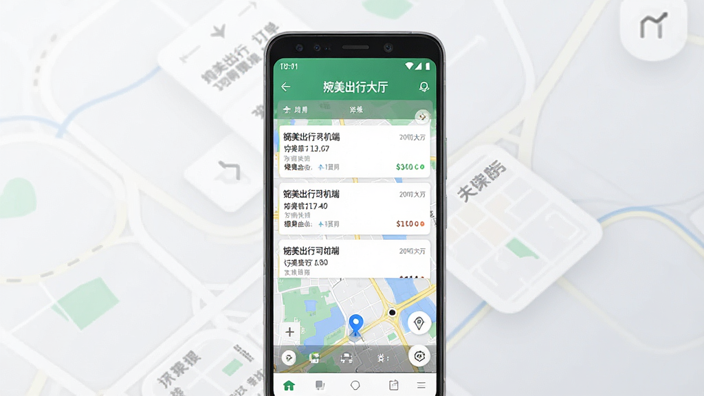 一张展示“婉美出行司机端”手机应用界面的图片,主体是一部竖屏安卓手机,屏幕中显示接单大厅页面,有订单列表和地图导航区域,布局居中,背景为干净的浅灰色渐变,风格为现代科技感UI展示,细节包括状态栏时间、信号图标、订单卡片信息,画质高清,干净,无多余元素