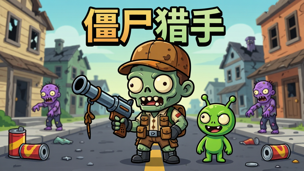 一个Q版卡通僵尸猎人手持捕尸枪站在末日小镇街道上,身旁跟着一只绿色外星小助手,背景有废弃房屋和紫色僵尸出没,画面主体居中,上方标题文字