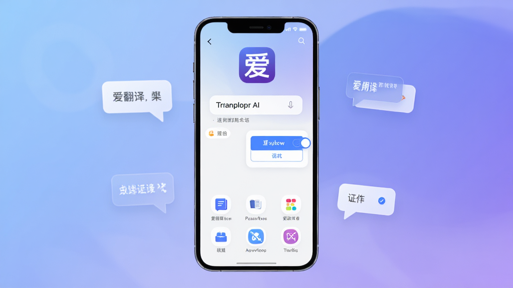 爱翻译AI软件主界面预览图,主体为一部智能手机居中放置,屏幕显示爱翻译AI的翻译对话框和语言切换按钮,布局简洁对称,排版采用上下结构上方展示软件Logo下方展示功能图标,风格为现代科技感扁平化设计,细节包含柔和的蓝紫渐变背景和悬浮的翻译气泡元素,画质高清干净无多余元素