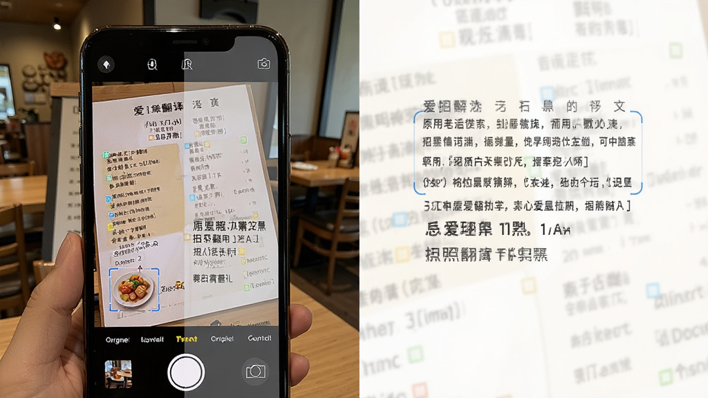 爱翻译AI拍照翻译功能演示图,主体为手机摄像头对准外文菜单的场景,布局为手机屏幕中显示菜单图片和翻译覆盖层,排版采用左右分栏左侧原图右侧译文,风格为写实生活化风格,细节包含餐厅环境和菜单文字识别框,画质高清干净无多余元素