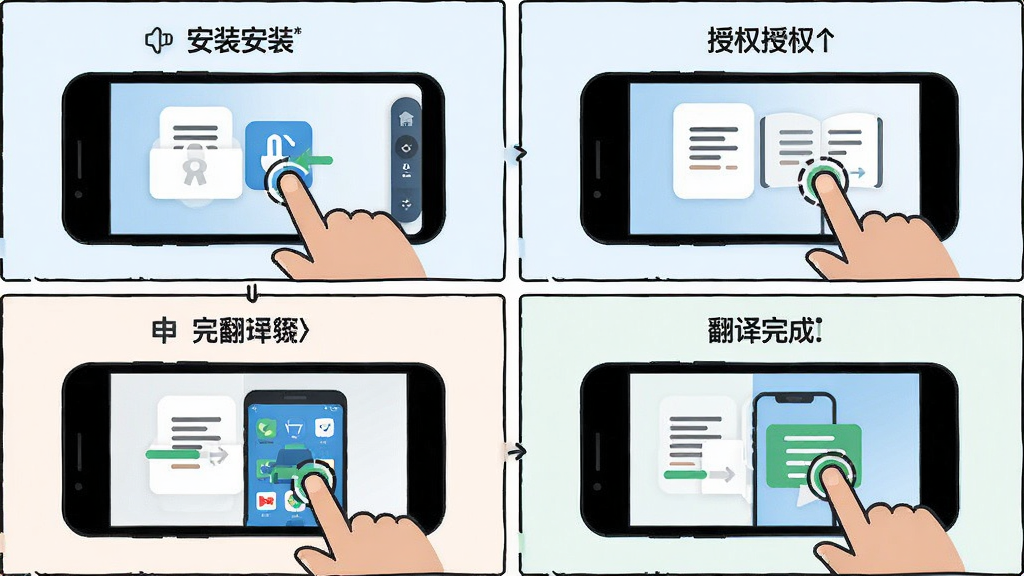 爱翻译AI使用教程示意图,主体为手机操作步骤分解图,布局为四格漫画式排列展示安装、授权、翻译、完成四个步骤,排版采用从上到下从左到右的阅读顺序,风格为简洁明快的扁平化教程插画,细节包含手指点击图标和进度提示,画质清晰干净无多余元素