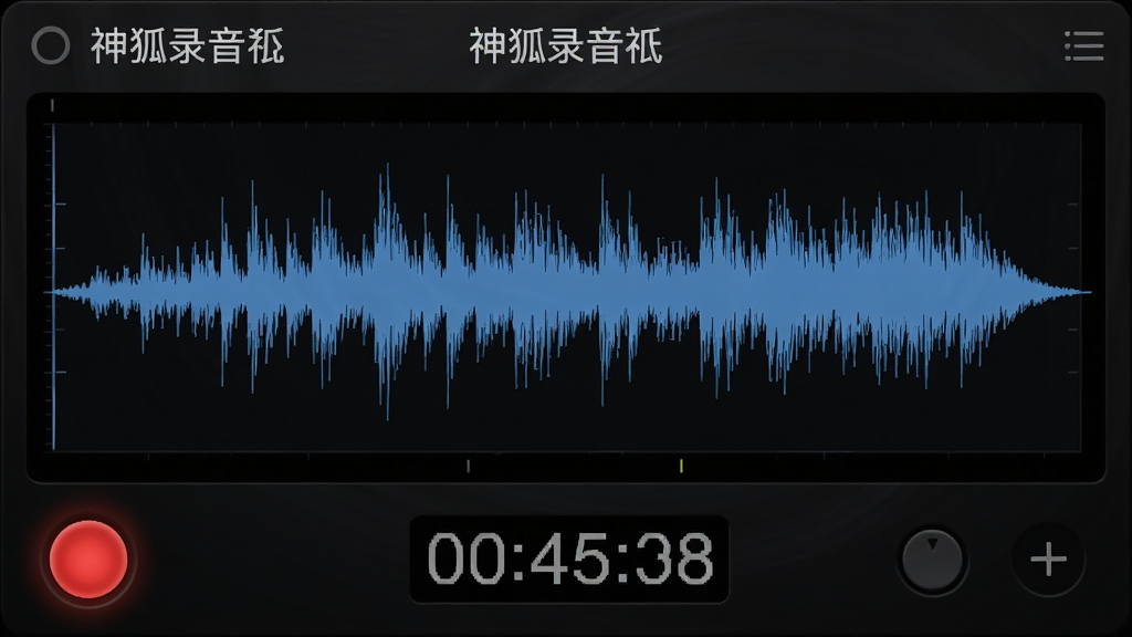 一张“神狐录音机”录制中的界面截图风格图片,画面中波形图正在动态显示,红色录音按钮亮起,时间码跳动,背景为深色主题,突出专业录音氛围,画质细腻,布局干净