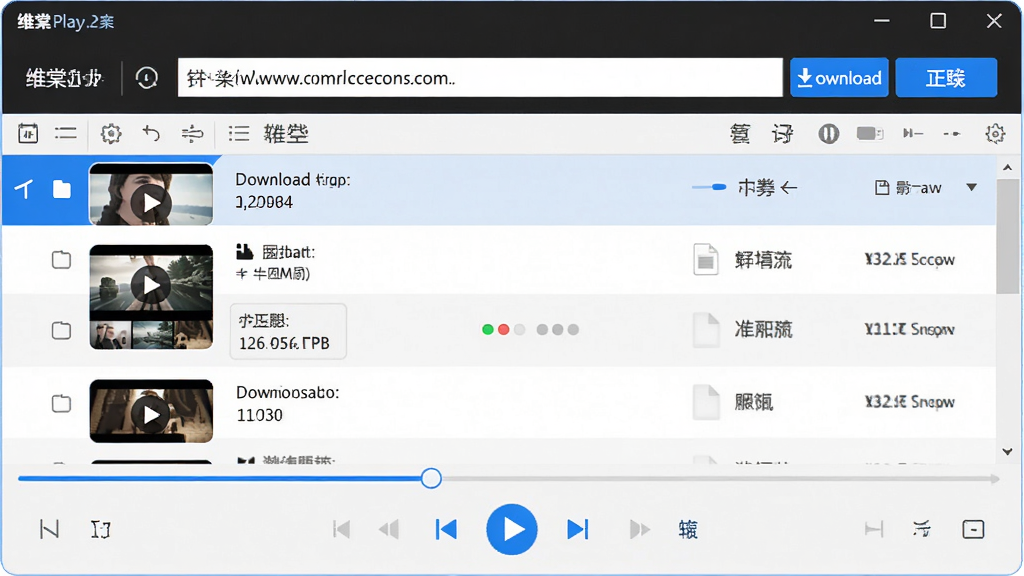 一张展示维棠播放器软件界面的图片,主体是电脑屏幕上的维棠播放器主窗口,布局为上方是地址栏和下载按钮,中间是下载任务列表,下方是播放控制区域,排版清晰整齐,风格为现代简约科技风,细节包括蓝色高亮按钮、视频缩略图、进度条和文件信息,画质高清,画面干净,无多余元素。