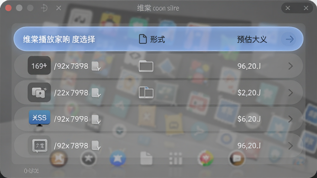 一张展示维棠播放器清晰度选择界面的图片,主体是软件弹窗中显示多种视频清晰度选项,布局为列表形式,每项标注分辨率、格式和预估大小,排版清晰,风格为柔和圆角设计,细节包括选中高亮效果、格式图标、文件大小文字,画质高清,画面干净,无多余元素。