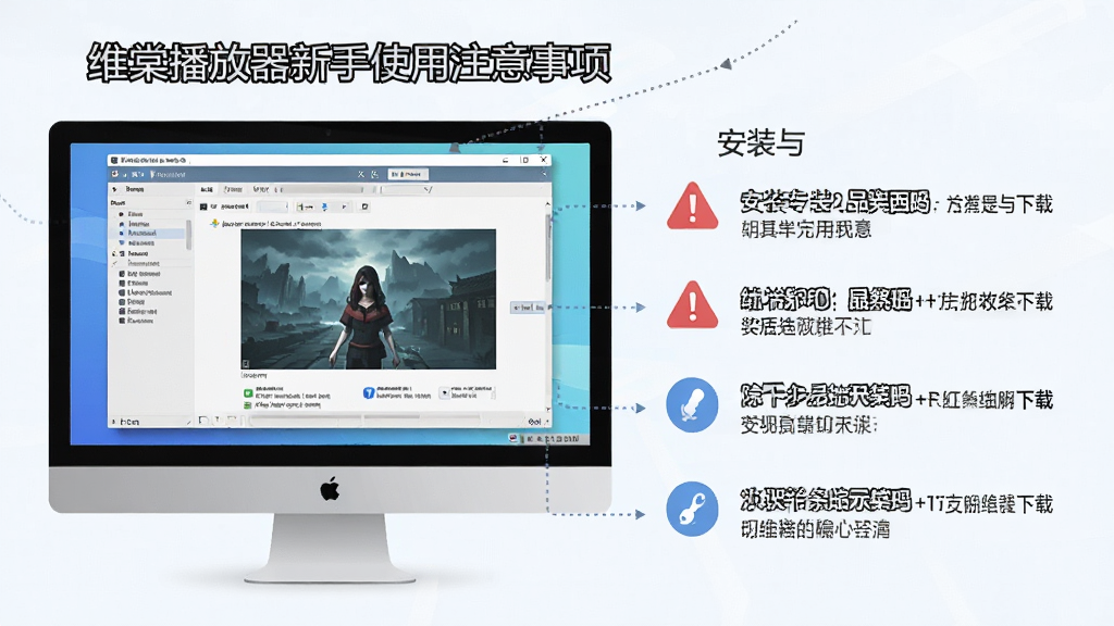 一张展示维棠播放器新手使用注意事项的图片,主体是电脑屏幕上软件界面旁边有提示文字,布局为左侧软件截图,右侧列出安装和下载注意事项,排版清晰,风格为扁平化信息图,细节包括红色警告图标、蓝色提示图标、灰色说明文字,画质高清,画面干净,无多余元素。
