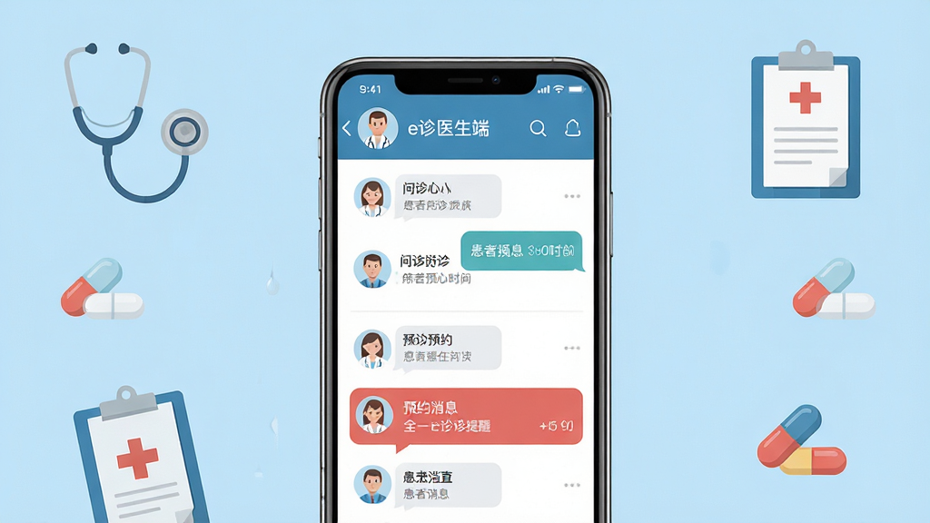 全一e诊医生端软件主界面展示,画面中央放置一部智能手机,手机屏幕上显示医生端问诊列表与患者消息提醒,背景为浅蓝色医疗风格,周围环绕听诊器、病历夹、药丸等医疗元素图标,布局简洁清晰,排版居中对称,风格现代扁平化,细节包含医生头像、问诊气泡、预约时间标签,画质高清,画面干净,无多余元素
