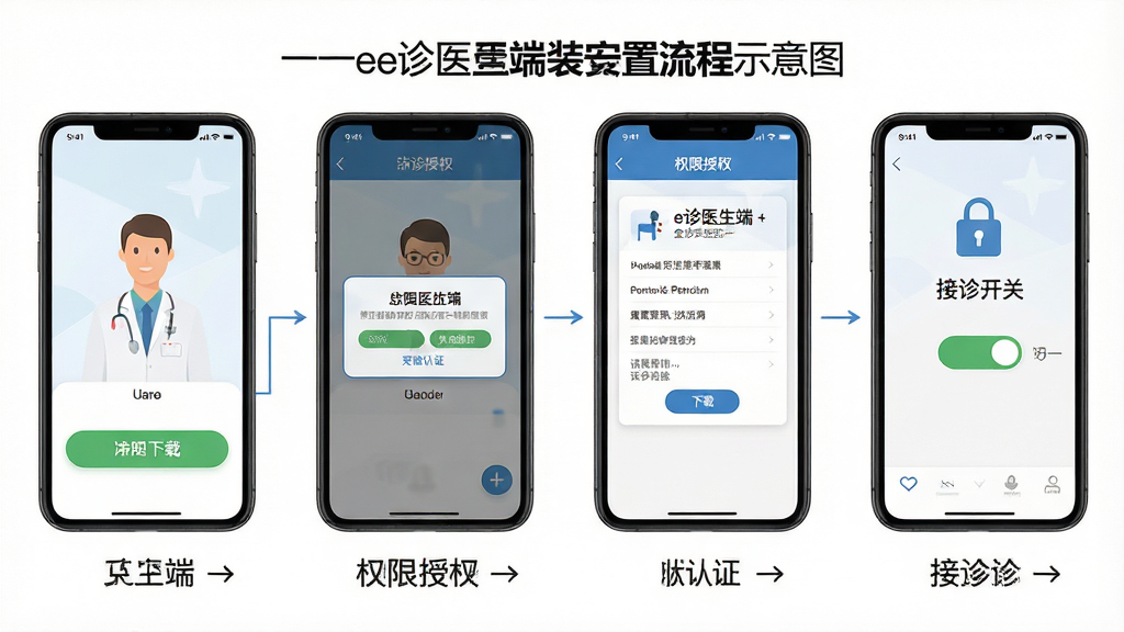 全一e诊医生端安装设置流程示意图,画面展示手机屏幕从下载到权限授权的四个步骤界面,背景为白色,布局横向排列四个手机图标,排版清晰有序,风格扁平化教程风,细节包含下载按钮、权限弹窗、认证页面、接诊开关,画质高清,画面干净,无多余元素