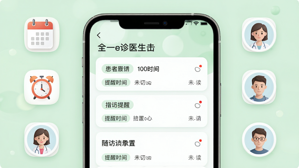 全一e诊医生端患者管理列表界面,画面展示手机屏幕中患者分组与随访提醒设置页面,屏幕周围环绕日历图标、闹钟图标、患者头像等元素,背景为柔和浅绿色,布局采用卡片式排列,排版清晰,风格清新浅色,细节包含标签分类、提醒时间、未读消息红点,画质高清,画面干净,无多余元素