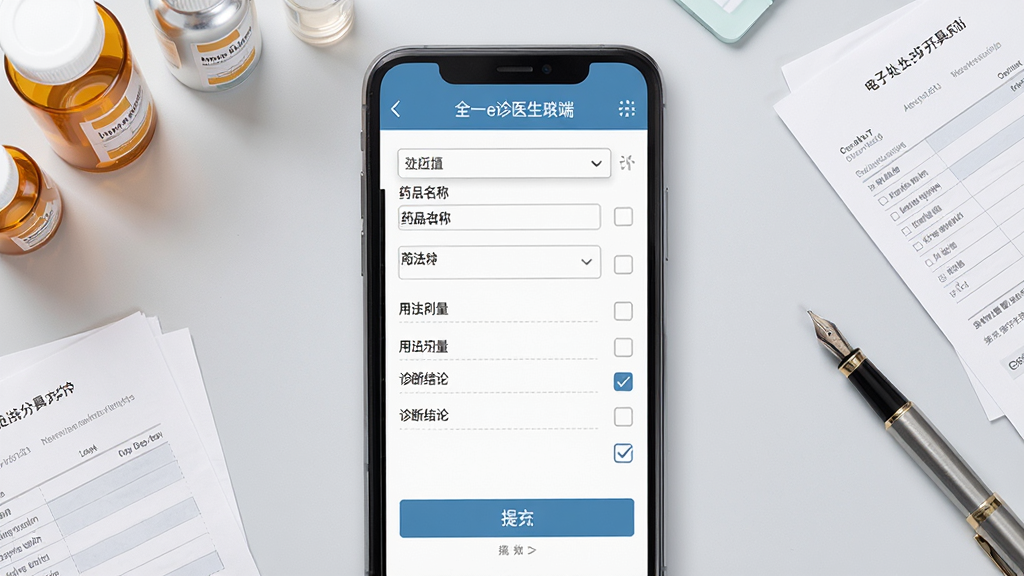全一e诊医生端电子处方开具界面展示,画面中央为手机屏幕特写,屏幕上显示处方编辑页面,包含药品名称、用法用量、诊断结论等字段,背景为淡灰色,周围点缀药瓶、处方笺、钢笔等元素,布局层次分明,排版整齐,风格简约商务,细节包含下拉菜单、勾选按钮、提交按钮,画质高清,画面干净,无多余元素
